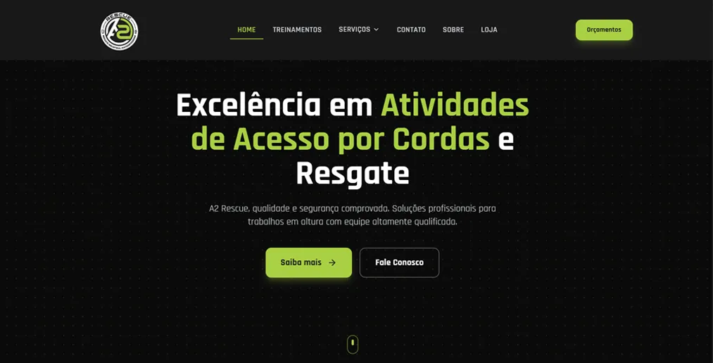 Site da A2 Rescue, empresa de acesso por cordas e resgate