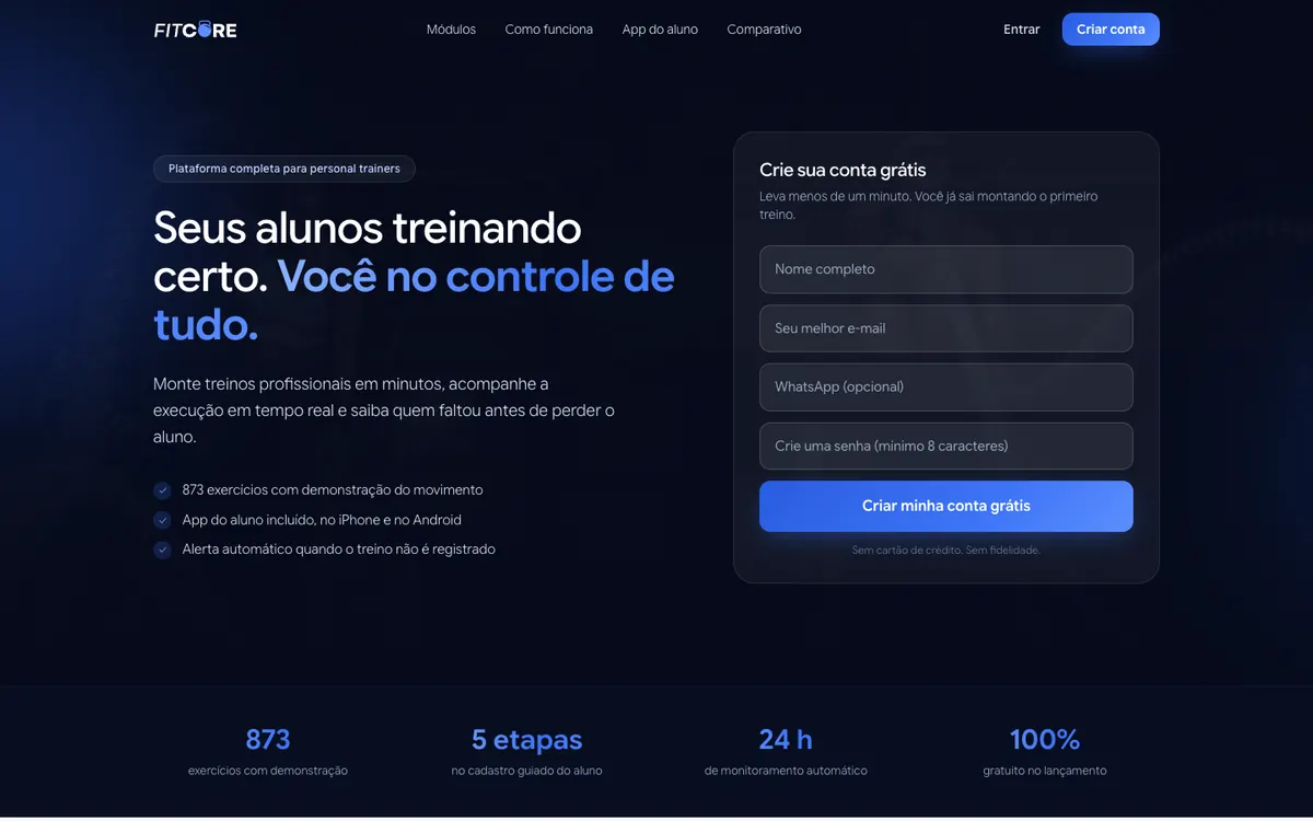 Página inicial do FitCore, plataforma para personal trainers